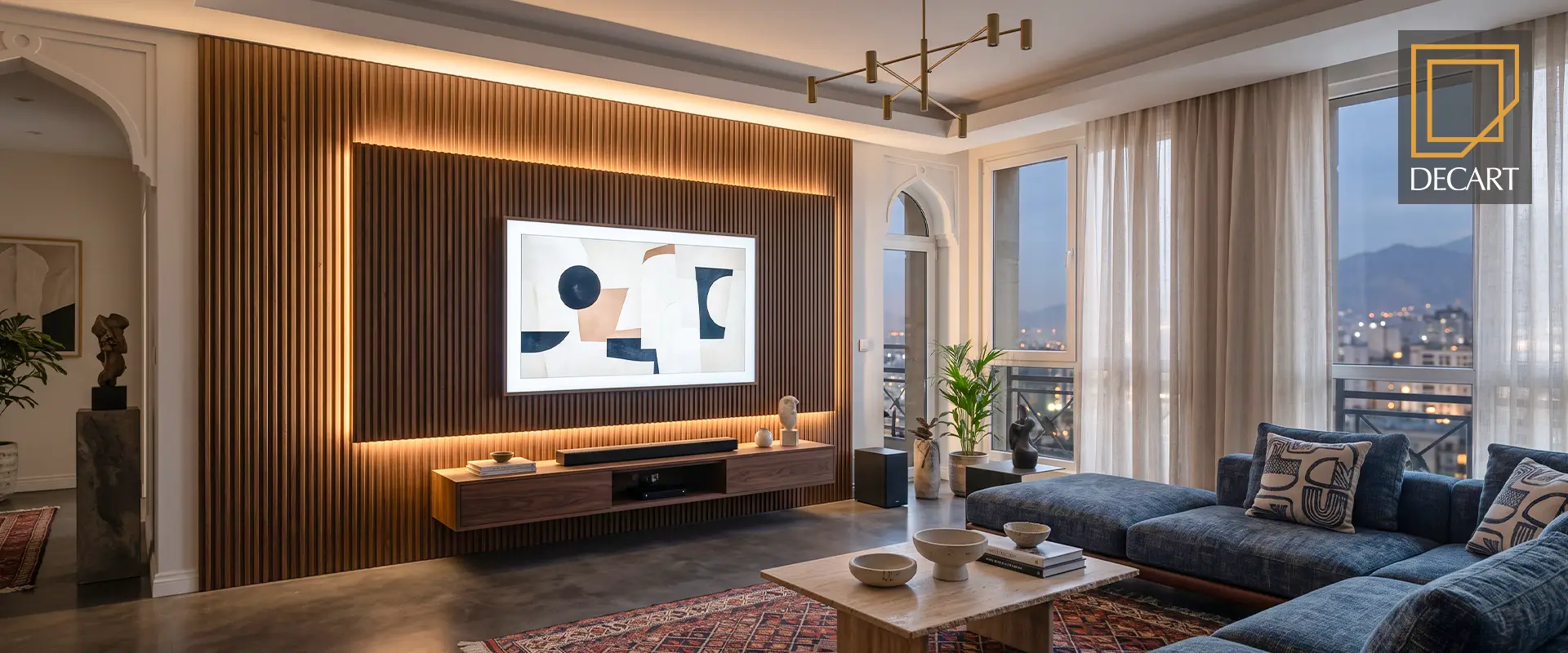 دیوار پشت تلویزیون مدرن-فرم، نور و رنگ-پترن شیارهای عمودی منظم (Vertical Fluted Wall)