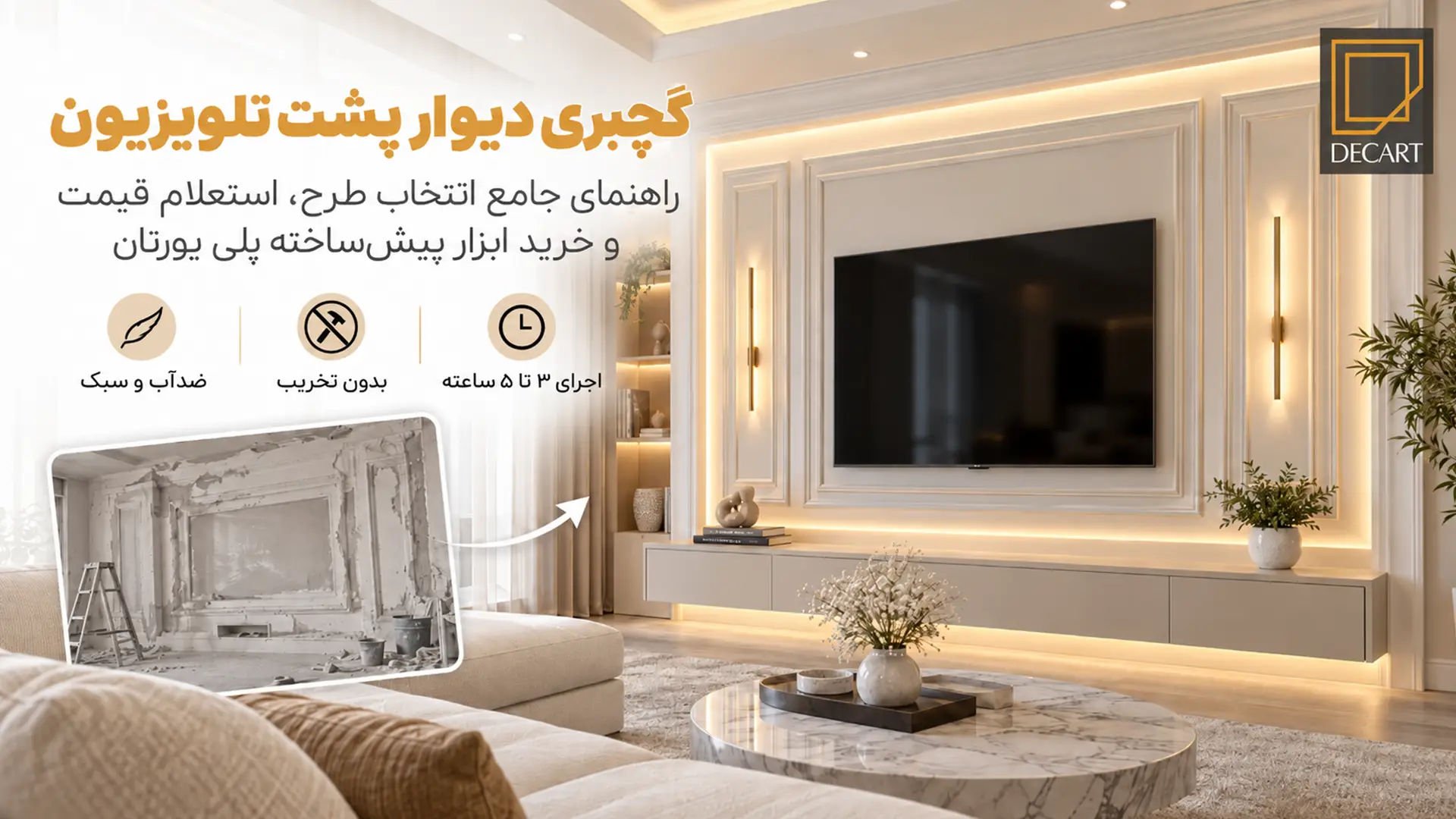 گچبری دیوار پشت تلویزیون؛ راهنمای جامع انتخاب طرح، استعلام قیمت و خرید ابزار پیش‌ ساخته پلی یورتان-دکارت استور-decart store